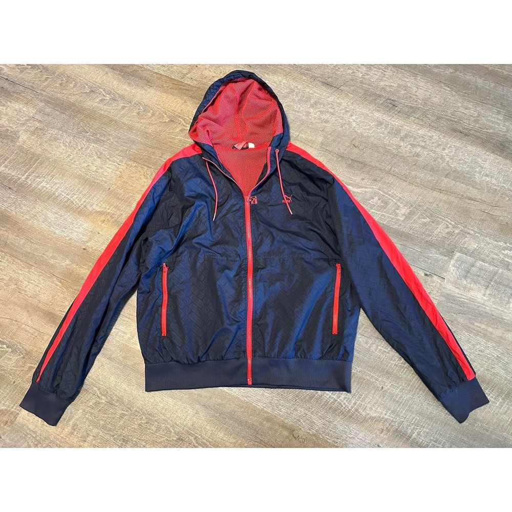 Puma Red Navy‎ Blue Zip Up Hoodie Windbreaker Jacket Mens L Large